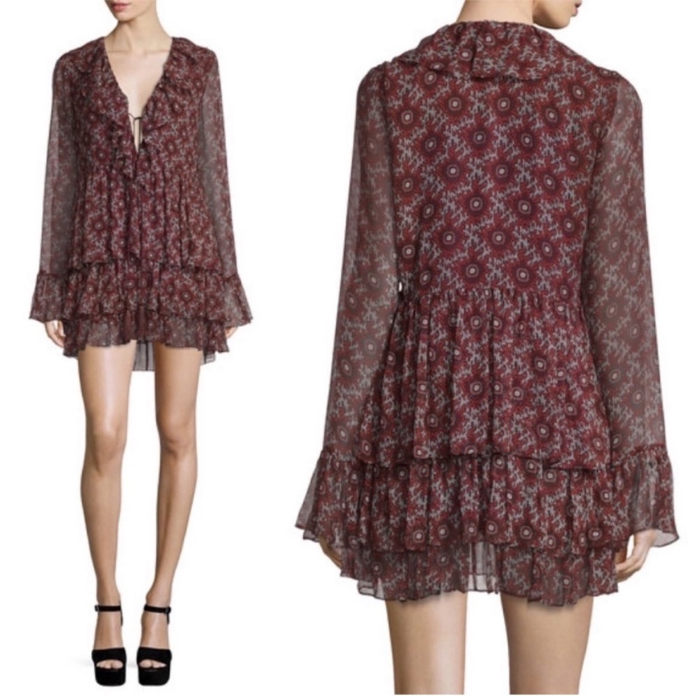 cinq a sept Jasmine boho Silk Floral-Print Mini Dress Red/Multi. Size S